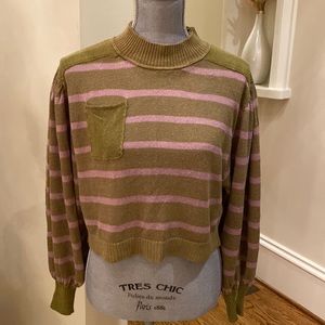 Free People Olive Green and Mauve Striped Cropped Turtleneck Sweater